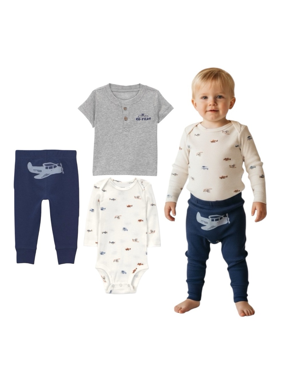 Carter's Navy, Gray & Cream Airplane 3-Piece Outfit Set